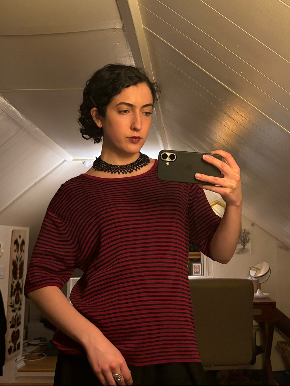 Women's Burgundy and Black Striped Short Sleeve Top